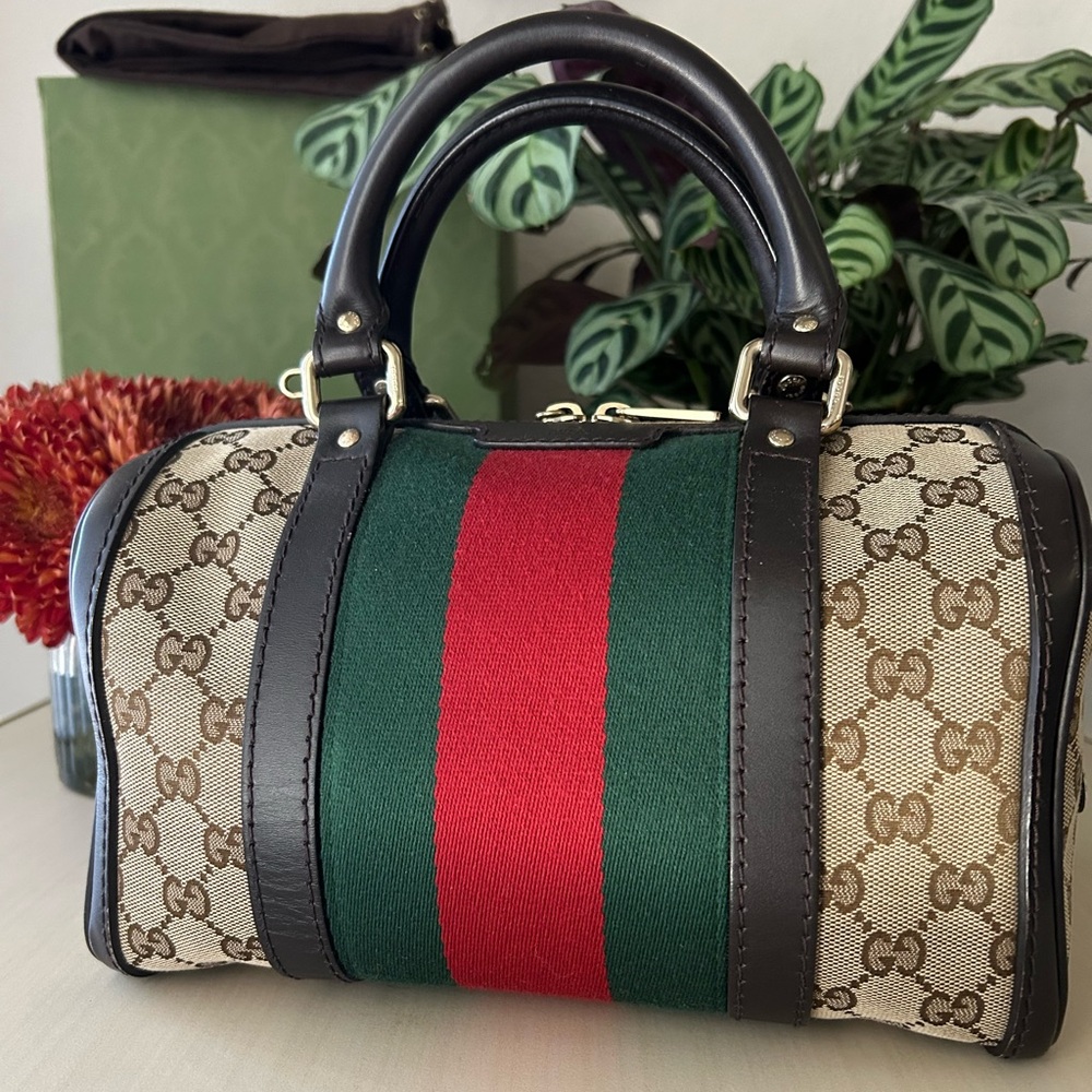 Gucci Monogram Satchel with Red and Green Stripe